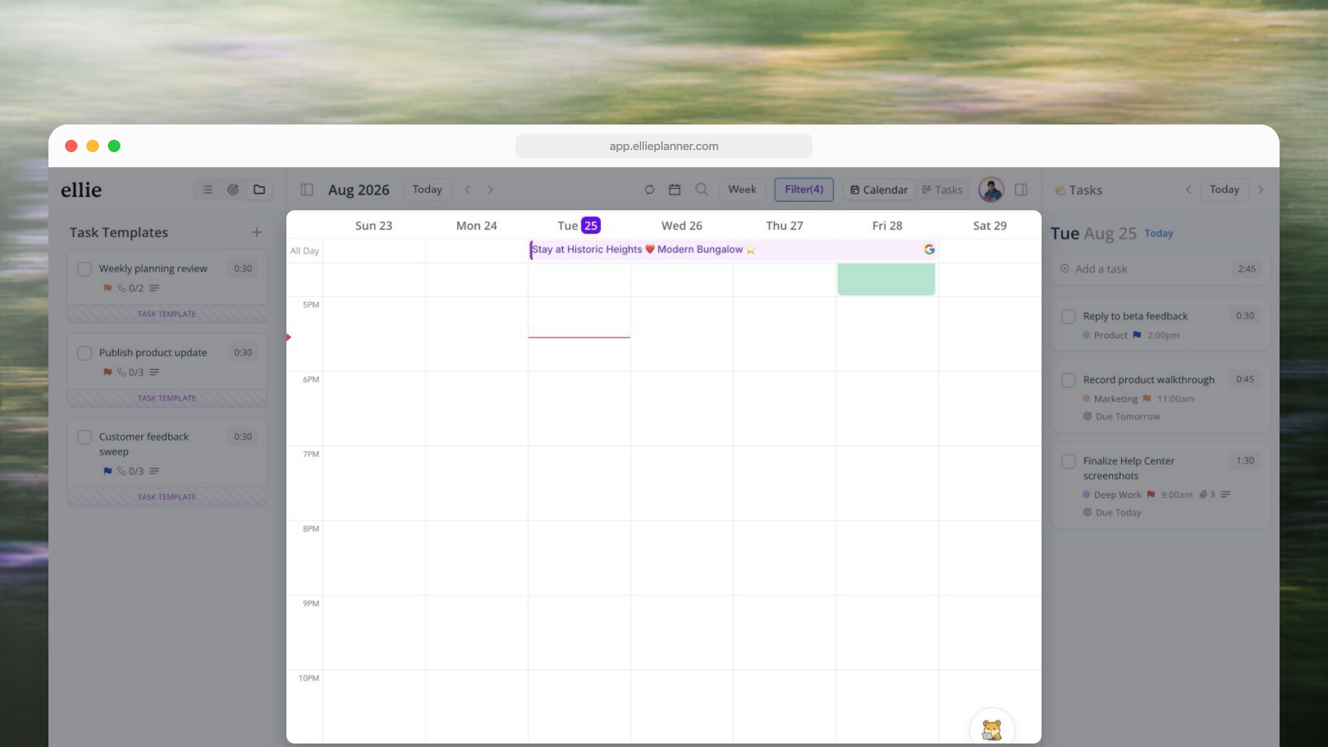 An authentic Ellie week view with an outside calendar event and launch-week tasks